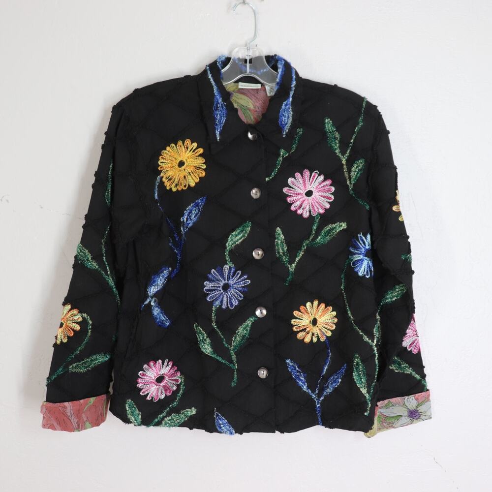 Vtg Classic Elements Jacket L Black Multicolor Embroidered Floral Cotton Cuffs